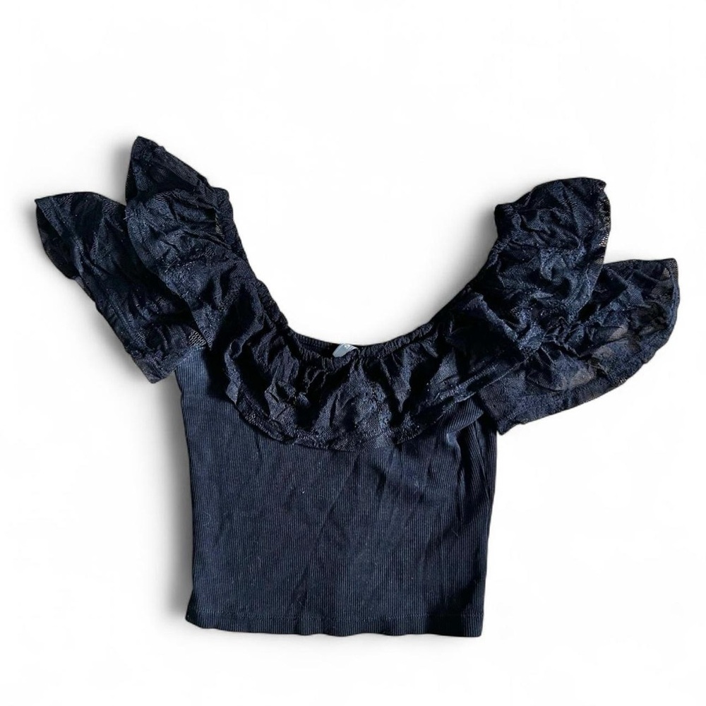 ASOS black lace crop top with ruffle sleeves Size S